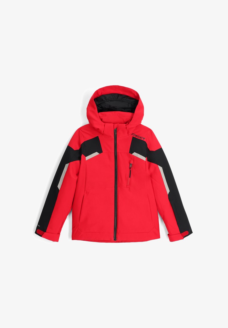 Giacca da sci rossa e nera con cappuccio, dotata di una tasca sul petto con zip, blocchi di colore angolari e dettagli riflettenti. Tessuto impermeabile.