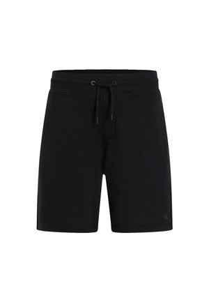 Bermudas de mezcla de algodón negro con cinturilla elástica, cordón ajustable y bolsillos laterales. Textura suave y diseño casual.