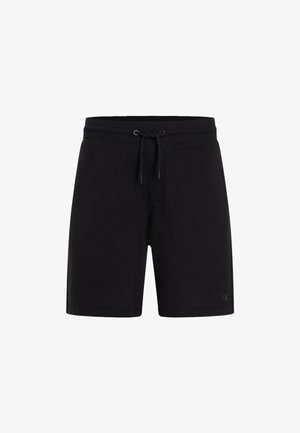 Bermudas de mezcla de algodón negro con cinturilla elástica, cordón ajustable y bolsillos laterales. Textura suave y diseño casual.