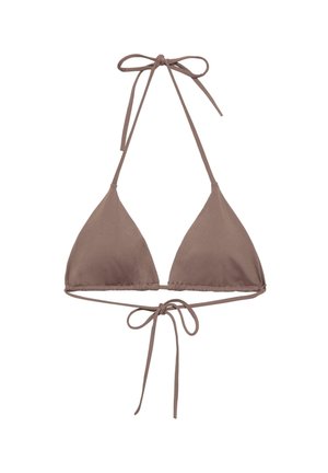 Top bikini marrone a forma di triangolo con collo all'americana e lacci sul retro, realizzato in tessuto liscio.