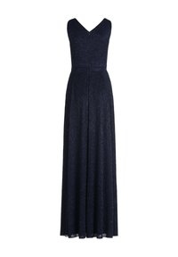 Granatowa, bezrękawnikowa sukienka maxi z dekoltem w kształcie litery V, teksturowana tkanina, dopasowany w pasie, opływająca do ziemi z prostym dołem.