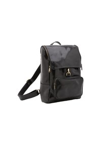 Zwarte nepleer rugzak met een glanzende afwerking, een hoofdvak met rits, een voorkantoor en een verstelbare schouderband. Accenten van gouden hardware.