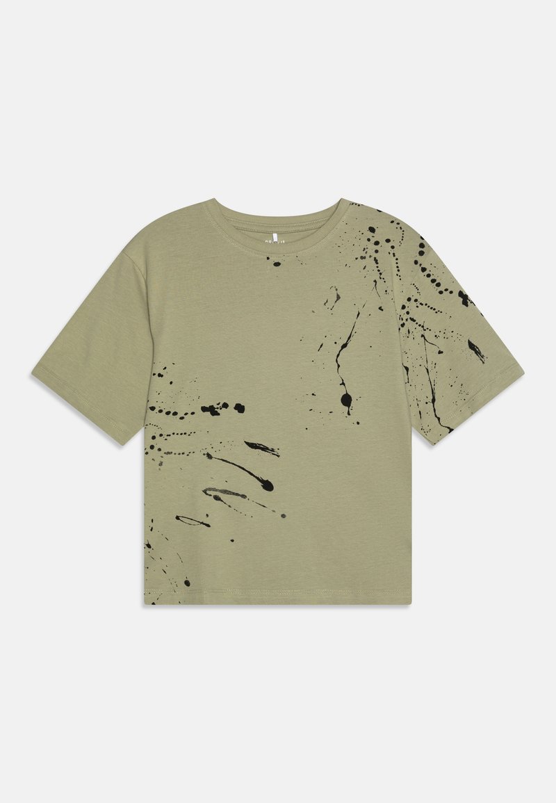 T-shirt de algodão verde-azeitona com design de manchas de tinta preta. Mangas curtas e decote redondo; corte descontraído com bainha reta.