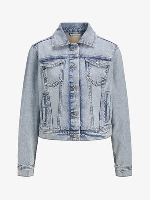 Hele sinine denim-jakk, millel on kraega kaelus, esine nupu sulgemine, kaks rinna taskut ja lühendatud disain. Omab nähtavaid õmblus detaile.