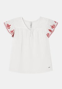 Camicia bianca con maniche corte a volant con ricamo floreale rosso lungo i polsini. Bottoni sul davanti e tessuto dalla trama lavorata.