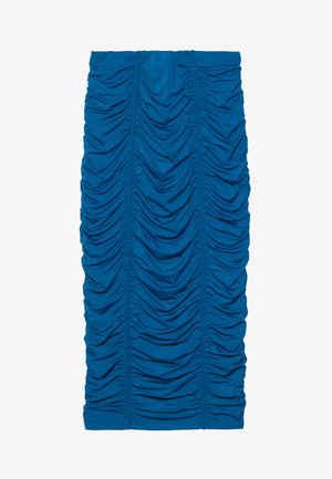 Μπλε ριχτό φούστα φτιαγμένη από ελαστικό ύφασμα, με κάθετους συσφίξεις για υφή και σχήμα. Μηκος μεσαίο με εφαρμοστό στυλ.