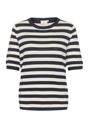 Pruhovaná košeľa v námorníckej modrej a krémovej farbe, má okrúhly výstrih, krátke rukávy a rebrované manžety, vyrobená z ľahkej pleteniny.