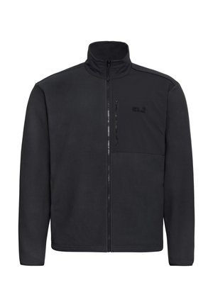 Zwarte fleecejas met een hoge kraag, ritssluiting aan de voorkant en een borstzak met rits. Heeft een gladde textuur en een minimalistisch ontwerp.