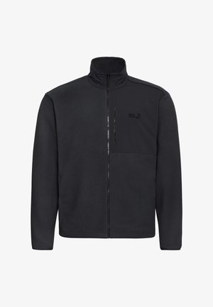 Veste en polaire noire avec un col montant, une fermeture éclair frontale et une poche poitrine zippée. Présente une texture lisse et un design minimaliste.