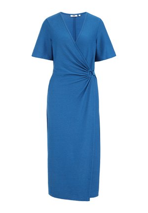 Modrá šatová šaty s krátkymi rukávmi, textúrovaná látka, uzlový detail vpredu a midi dĺžka. Úzky silueta s hlbokým výstrihom.