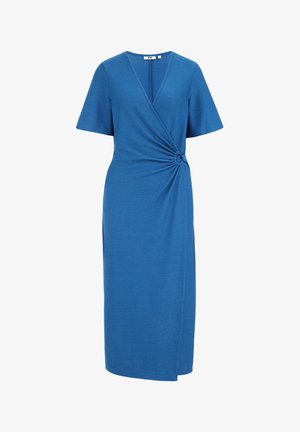 Modrá šatová šaty s krátkymi rukávmi, textúrovaná látka, uzlový detail vpredu a midi dĺžka. Úzky silueta s hlbokým výstrihom.