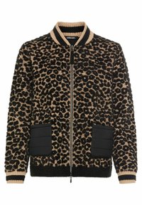 Leopardprint jack met een zachte textuur, geribbelde kraag, zwarte rits en zijzakken met doorgestikte panelen. Kleurenpalet: beige en zwart.