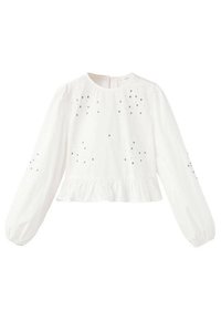 Biały top z długim rękawem, okrągłym dekoltem, falbanką u dołu oraz ozdobami w srebrnym kolorze rozmieszczonymi na przodzie i rękawach.