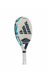 Adidas Padel-Schläger, weiß mit blauen Akzenten. Verfügt über eine strukturierte Schlagfläche mit Löchern, einen perfoierten Griff und ein konisches Design.