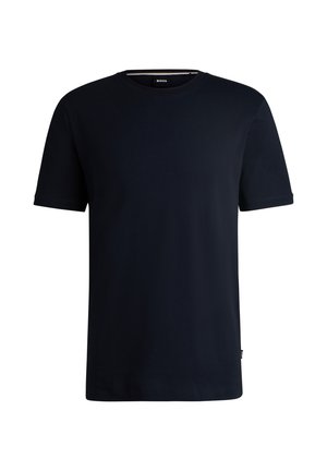 Marinblå bomullströja med korta ärmar, rundad halsringning och en minimalistisk design. Har en logotypetikett vid fållen.