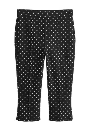 Schwarze, gekürzte Hosen mit weißen Polka-Dots, geraden Beinen und sichtbaren vertikalen Nähten auf weißem Hintergrund.