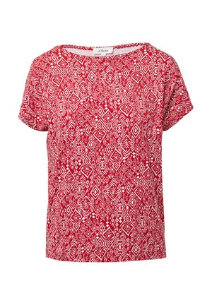 Rode top met korte mouwen en een volledig wit geometrisch patroon. Ronde halslijn met een relaxte pasvorm. Gemaakt van lichtgewicht stof.
