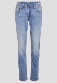 Hellblaue Jeans aus Denim mit geradem Schnitt, ausgestattet mit einem Reißverschluss, fünf Taschen und subtilen Verblassungen entlang der Beine.