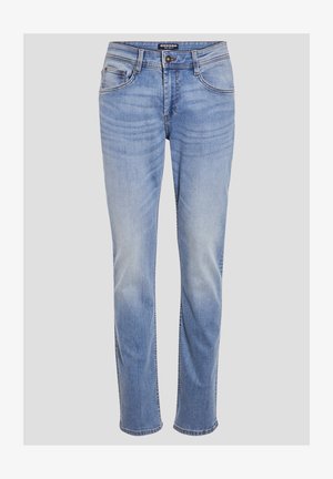 Lichtblauwe denim jeans met een rechte snit, voorzien van een rits en vijf zakken, en een subtiele vervaging langs de benen.