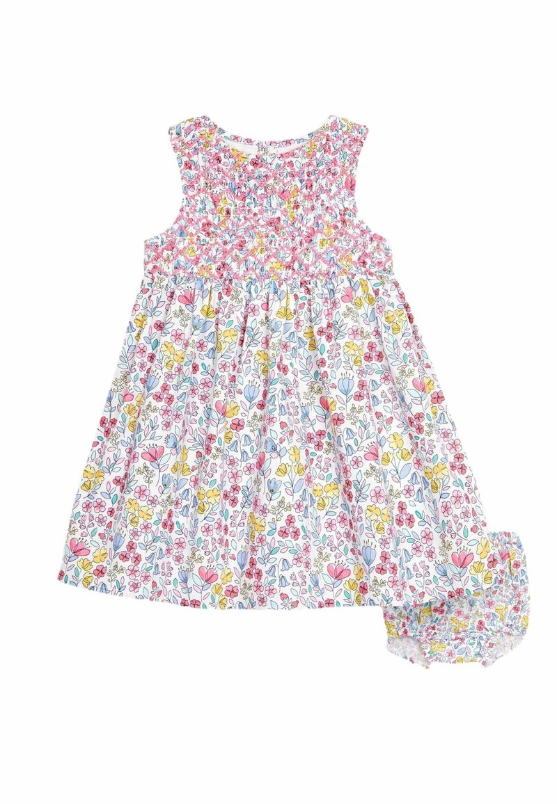 Robe bébé sans manches et bloomer assorti avec motif floral rose, jaune et bleu sur tissu blanc.