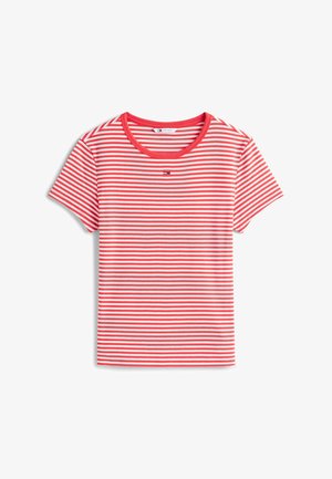 Piros-fehér vízszintesen csíkos, rövid ujjú póló kerek nyakkal és egy kis hímzett logóval a nyakkivágás alatt középen.
