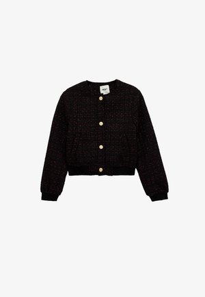 Zwarte en rode tweed jas met een cropped ontwerp, voorzien van gouden knopen, lange opgezette mouwen en zwarte gebreide manchetten aan de zoom.