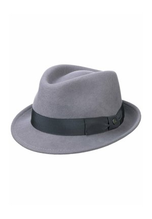 Gray felt fedora hat with a black ribbon band and a small bow detail on the side, shown against a white background.