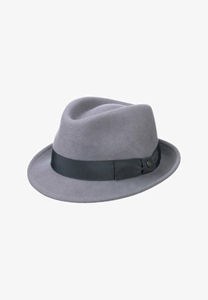 Gray felt fedora hat with a black ribbon band and a small bow detail on the side, shown against a white background.
