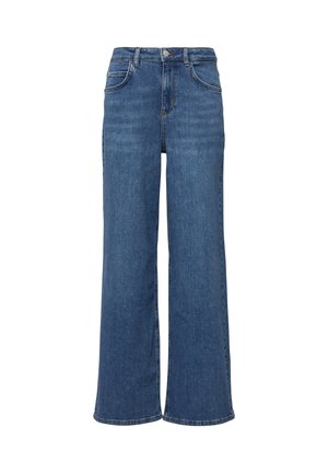 Blaue High-Waist-Jeans aus Denim mit weitem Bein, vorderer Knopfleiste und Reißverschluss sowie vorderen und hinteren Taschen.