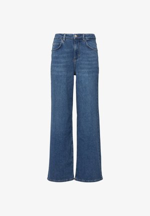 Spodnie dżinsowe z wysokim stanem w kolorze niebieskim, o szerokich nogawkach, z zapięciem na guziki i zamek błyskawiczny z przodu oraz kieszeniami z przodu i z tyłu.