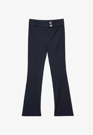 Marineblauwe pantalon met krijtstreep, met uitlopende pijpen en twee gouden knopen in de vorm van een hart op de tailleband.