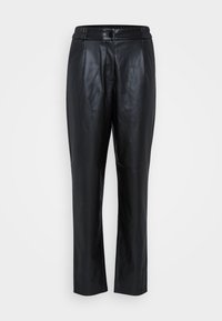 Pantalons en cuir noir avec une texture lisse, design à jambe fuselée, taille élastique et détails de couture à l'avant. Adaptés pour un port décontracté ou formel.