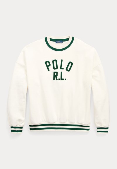 Bílá mikina s zelenými kanýry na límci a manžetách. Na přední straně je umístěno "POLO R.L." v tmavě zeleném písmu.