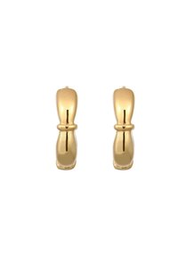 Goldfarbene Creolen mit einer glatten, reflektierenden Oberfläche und einem runden Design, das ein zentrales Band für zusätzliche Details aufweist.