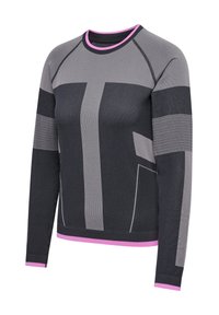 Długi rękaw sportowy top w ciemnoszarym i jasnoszarym kolorze z różowymi akcentami, z dopasowanym krojem i teksturowanymi paskami na rękawach.