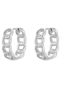 Orecchini a cerchio in argento con design intrecciato, caratterizzati da superfici lisce e curve e una struttura aperta.