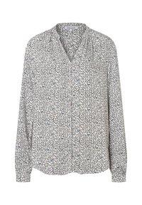 Bluse mit Knopfleiste aus leichtem Stoff mit schwarz-weißem Herzmuster und hellblauen Akzenten, langen Ärmeln und weicher Textur.