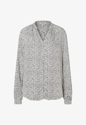 Bluse mit Knopfleiste aus leichtem Stoff mit schwarz-weißem Herzmuster und hellblauen Akzenten, langen Ärmeln und weicher Textur.