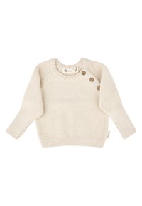 Cremfarbener Strickbaby-Pullover mit langen Ärmeln und drei Holzknöpfen an der Schulter zum Verschließen, Größe 56.
