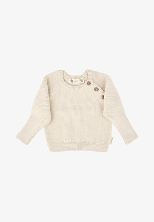 Cremfarbener Strickbaby-Pullover mit langen Ärmeln und drei Holzknöpfen an der Schulter zum Verschließen, Größe 56.