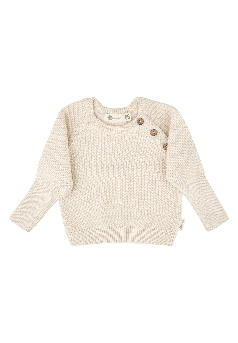 Cremfarbener Strickbaby-Pullover mit langen Ärmeln und drei Holzknöpfen an der Schulter zum Verschließen, Größe 56.