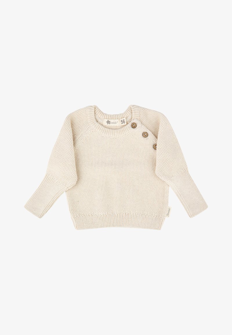Cremfarbener Strickbaby-Pullover mit langen Ärmeln und drei Holzknöpfen an der Schulter zum Verschließen, Größe 56.