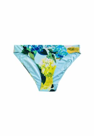 Jasnoniebieskie dół bikini damski z kwiatowym nadrukiem przedstawiającym niebieskie, żółte i zielone kwiaty hortensji.