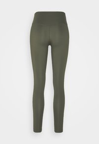Leggings a vita alta di colore verde oliva, realizzati in tessuto elasticizzato. Presentano un design senza cuciture, una texture liscia e una lunghezza piena.