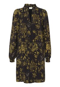 Vestido negro con mangas largas y abullonadas, presenta un patrón floral en verde y amarillo. Incluye un escote pequeño con pliegues y un corte holgado.