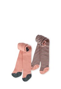 Due paia di calze al ginocchio, una di colore rosa polveroso con punta grigio scuro, l'altra a righe rosa e blu navy, arrotolate ordinatamente. Materiale in misto cotone.