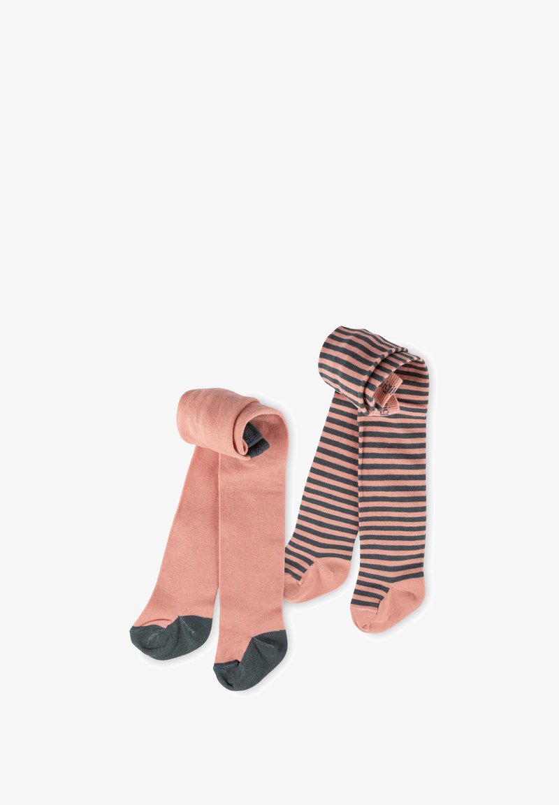 Due paia di calze al ginocchio, una di colore rosa polveroso con punta grigio scuro, l'altra a righe rosa e blu navy, arrotolate ordinatamente. Materiale in misto cotone.