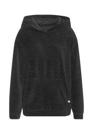 Schwarzer, gerippter Samt-Hoodie mit vorderer Kängurutasche und langen Ärmeln, vor einem schlichten weißen Hintergrund dargestellt.