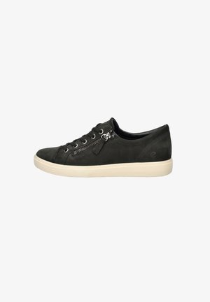 Black suede sneaker with lace-up closure, side zipper detail, and a contrasting white rubber sole. Smooth texture, low-profile design.