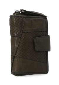 Dark green leather wallet with diamond pattern texture, secured with a flap and snap closure. Compact rectangular shape with stitched accents.
